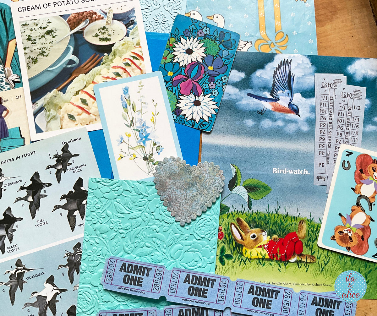 Curated 8x12 junk journal ephemera pack with layered papers, botanical elements, and tuck-able pieces. Blue theme.
