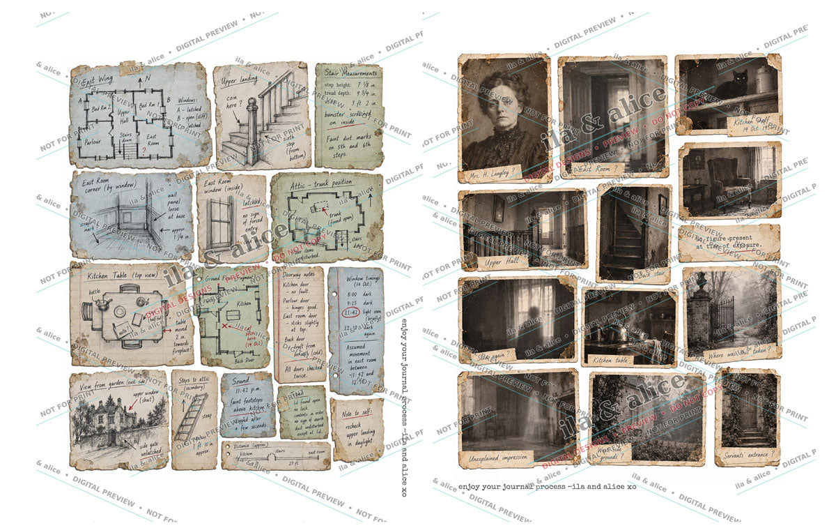 Preview of Gatto Noir Manor floor plans, vintage photographs and journal ephemera