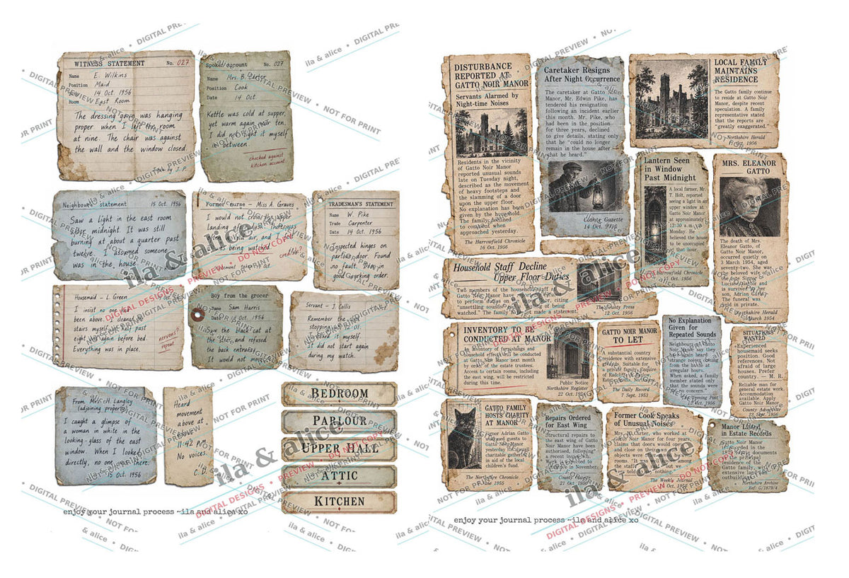 Preview of printable gothic notes, clippings and vintage photographs from Gatto Noir Manor
