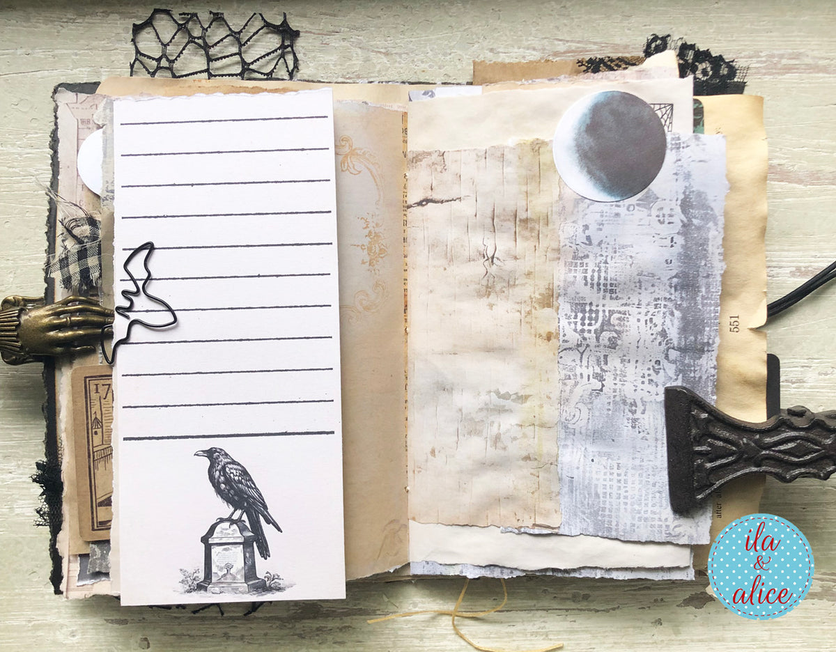 handmade spooky junk journal folio with wax seal, vintage ephemera, and dark folklore aesthetic