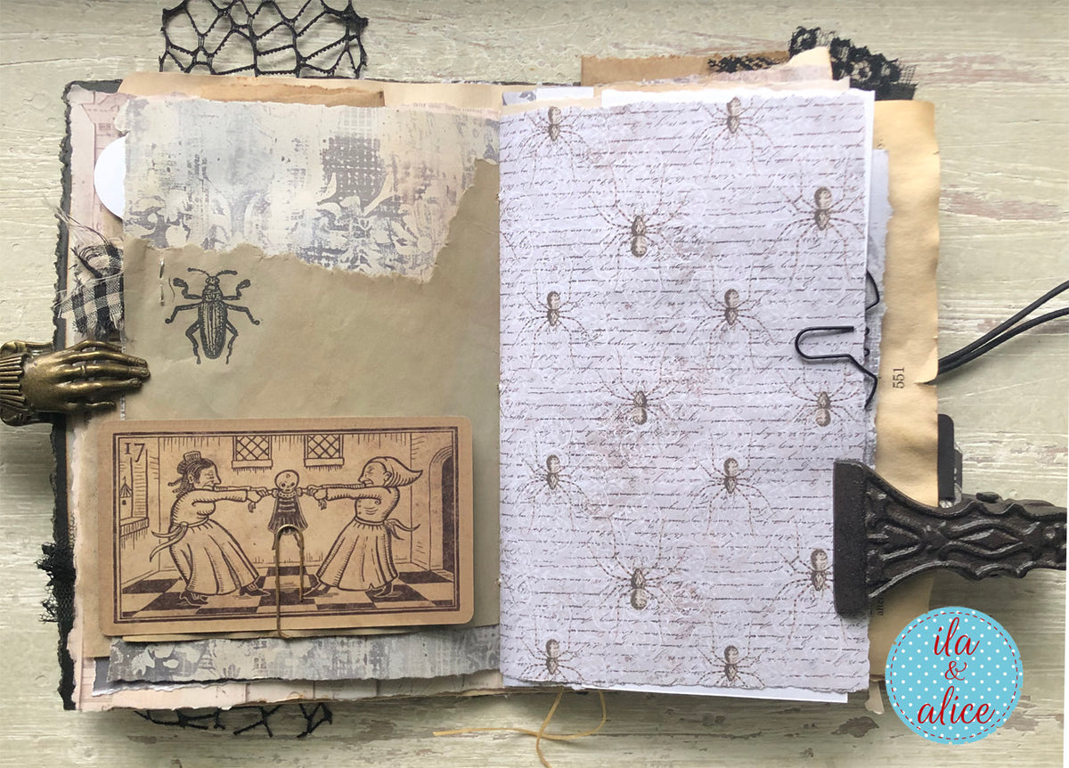 handmade spooky junk journal folio with wax seal, vintage ephemera, and dark folklore aesthetic