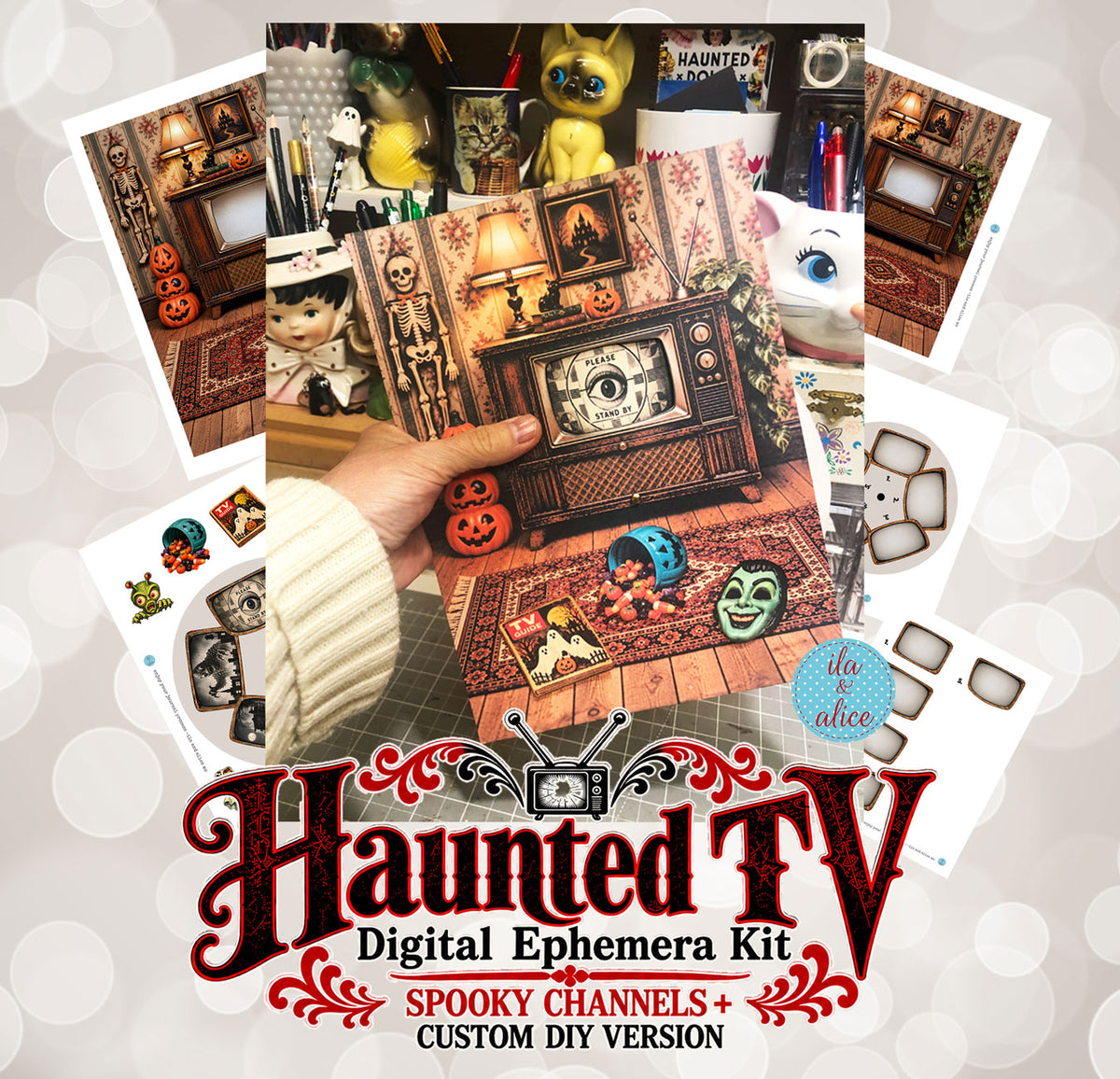 Haunted TV interactive printable kit with changing spooky TV channels and customizable DIY version.