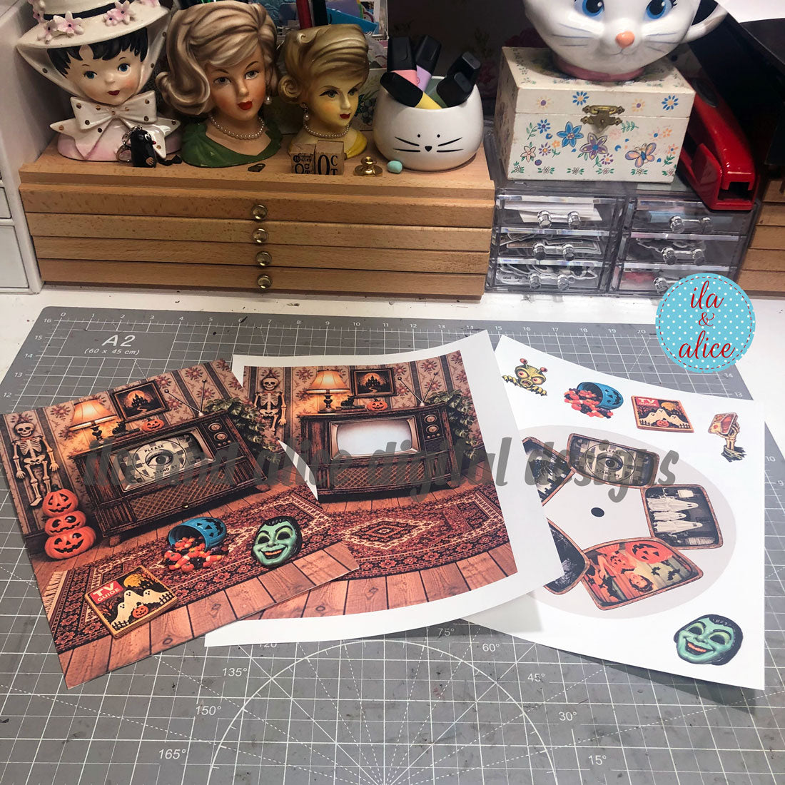 Finished Haunted TV project displayed with printable rotating wheel and interactive pieces.