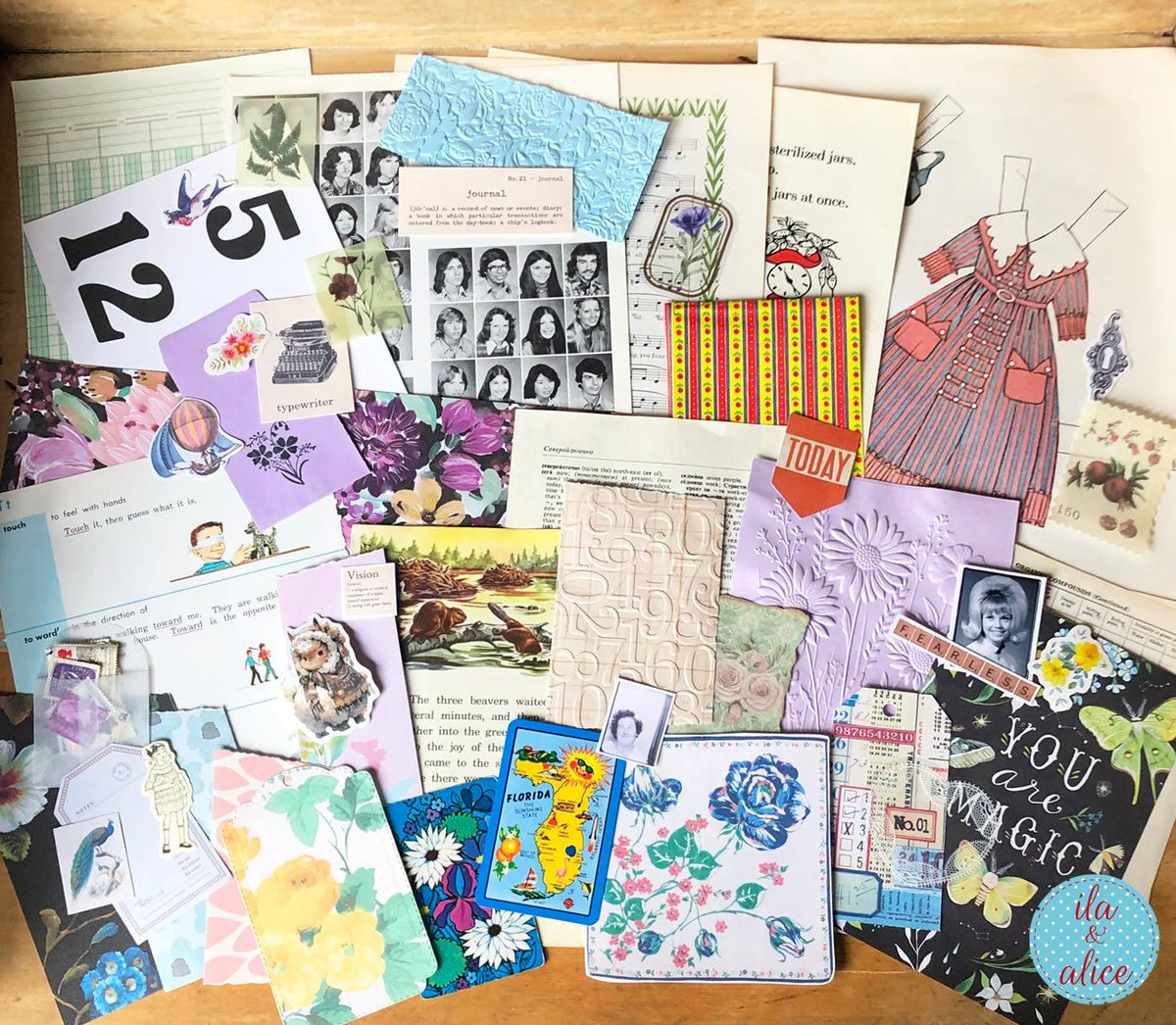 Curated 8x12 junk journal ephemera pack with layered papers, botanical elements, and tuck-able pieces. Vintage pieces of ephemera and vintage book pages included.