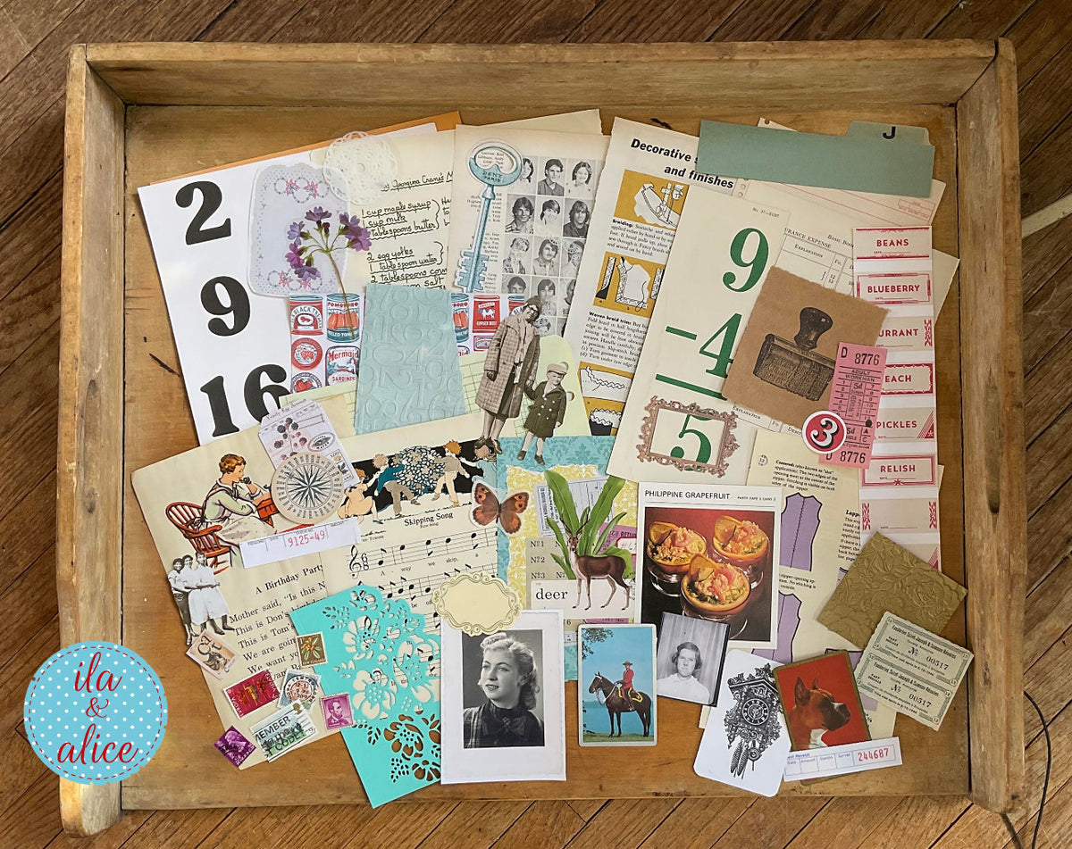 Curated 8x12 junk journal ephemera pack with layered papers, botanical elements, and tuck-able pieces. Vintage playing cards, book pages and assorted journaling ephemera.