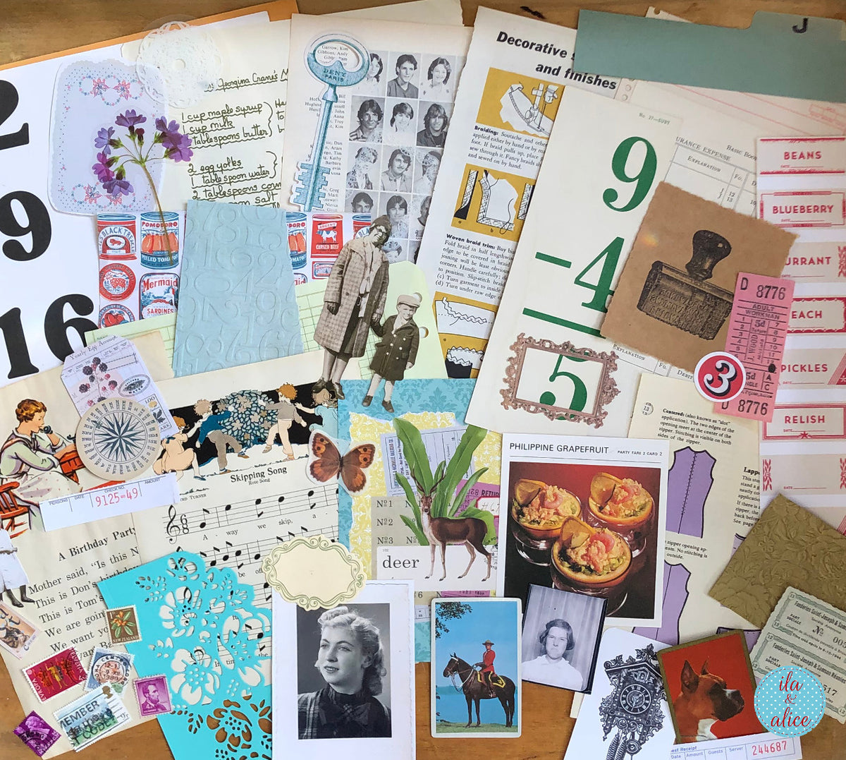 Curated 8x12 junk journal ephemera pack with layered papers, botanical elements, and tuck-able pieces. Vintage playing cards, book pages and assorted journaling ephemera.