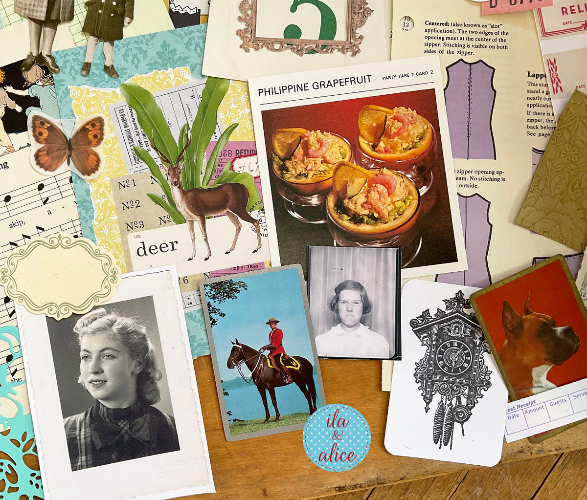 Curated 8x12 junk journal ephemera pack with layered papers, botanical elements, and tuck-able pieces. Vintage playing cards, book pages and assorted journaling ephemera.