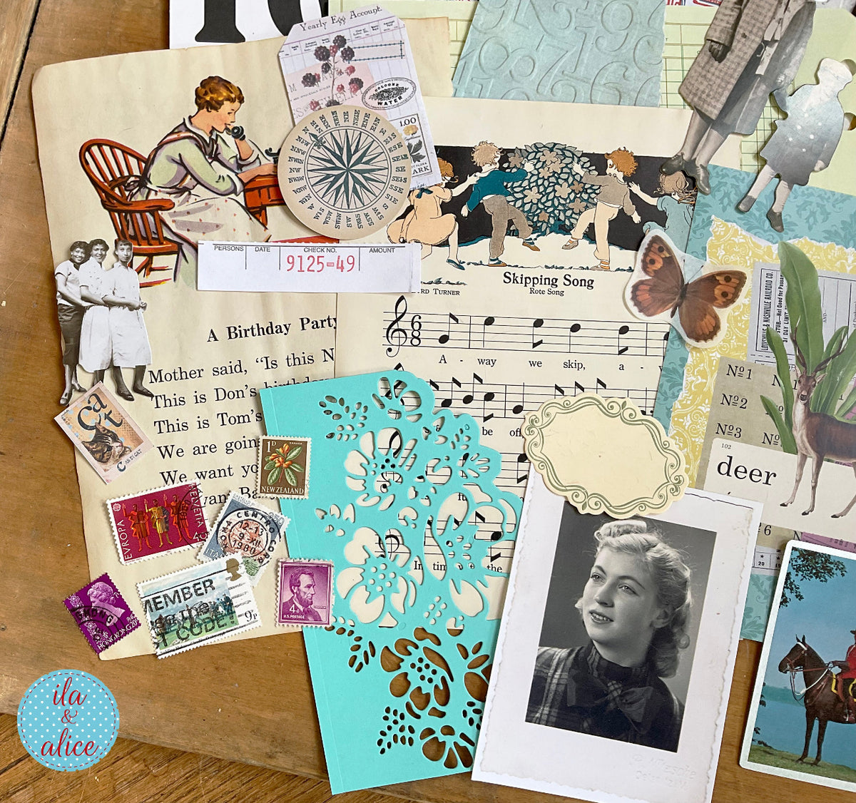 Curated 8x12 junk journal ephemera pack with layered papers, botanical elements, and tuck-able pieces. Vintage playing cards, book pages and assorted journaling ephemera.