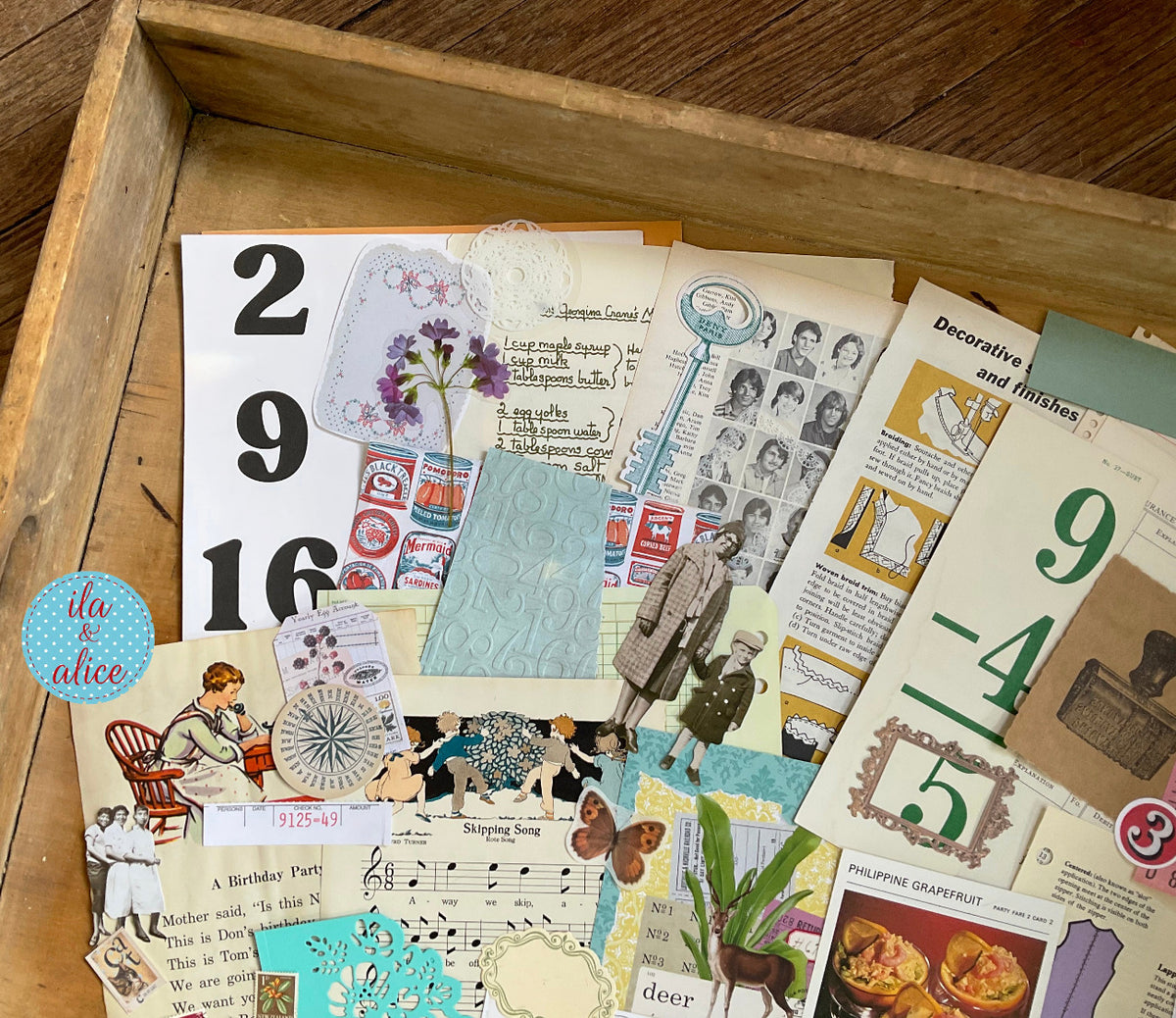 Curated 8x12 junk journal ephemera pack with layered papers, botanical elements, and tuck-able pieces. Vintage playing cards, book pages and assorted journaling ephemera.