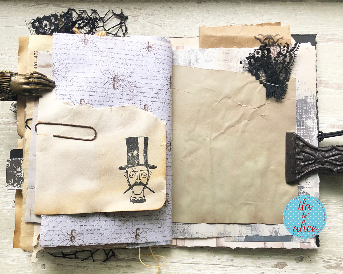handmade spooky junk journal folio with wax seal, vintage ephemera, and dark folklore aesthetic