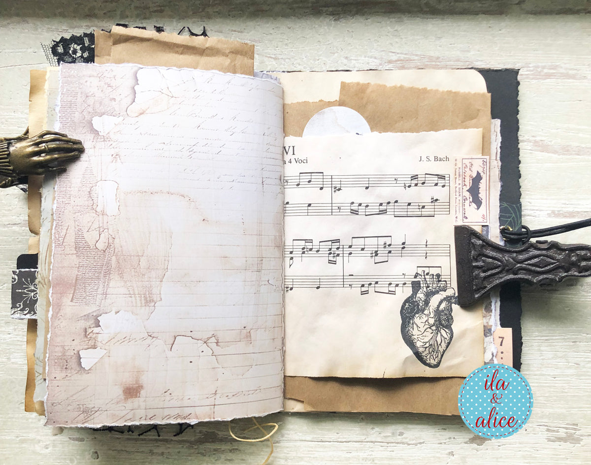 handmade spooky junk journal folio with wax seal, vintage ephemera, and dark folklore aesthetic