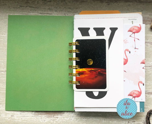 Planner with a green cover and gold ring binding, next to a flamingo-themed magazine on a wooden surface.