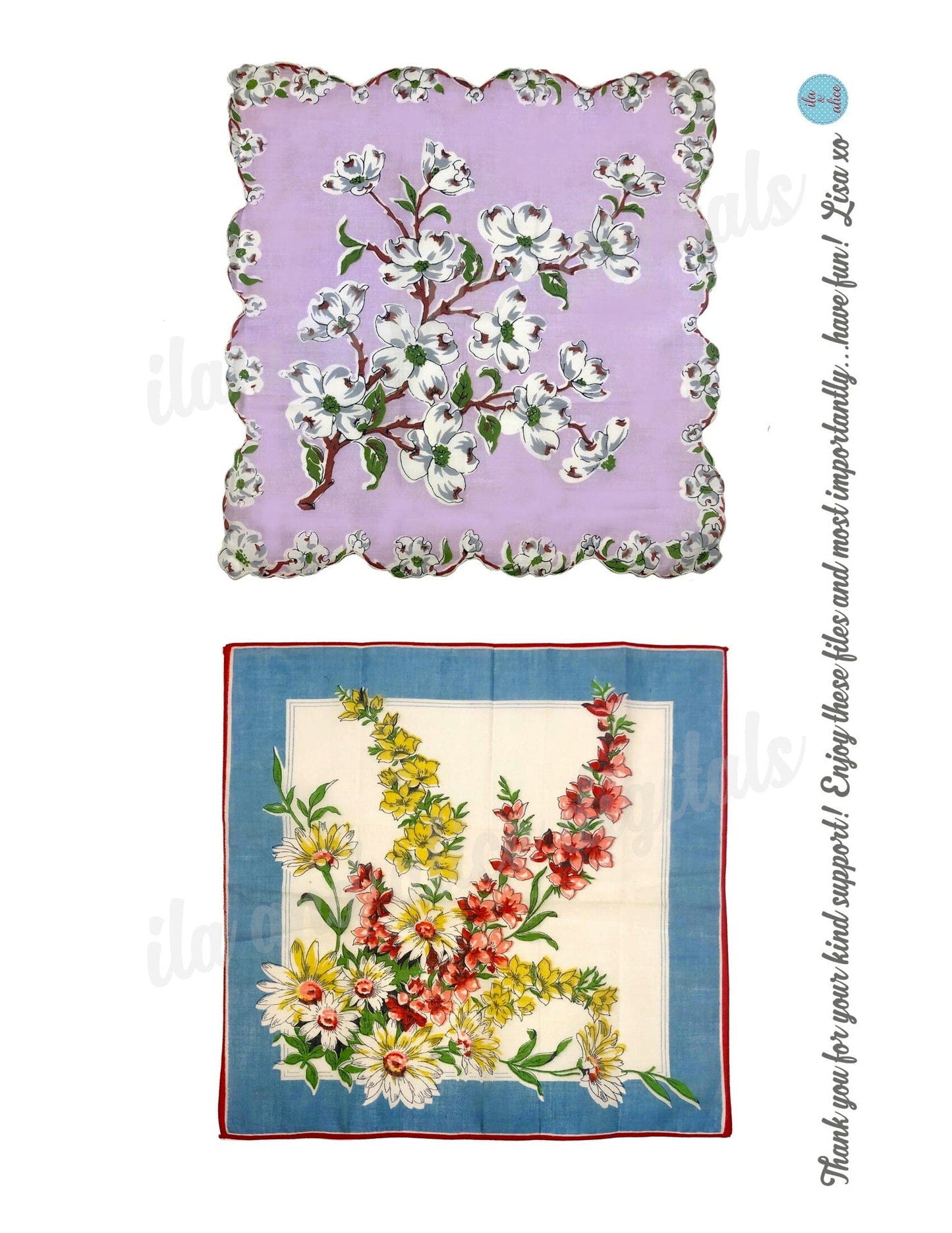 Pretty Digital Vintage Hankies-Set of 6 Cute Printable Hankies Journal ila & alice
