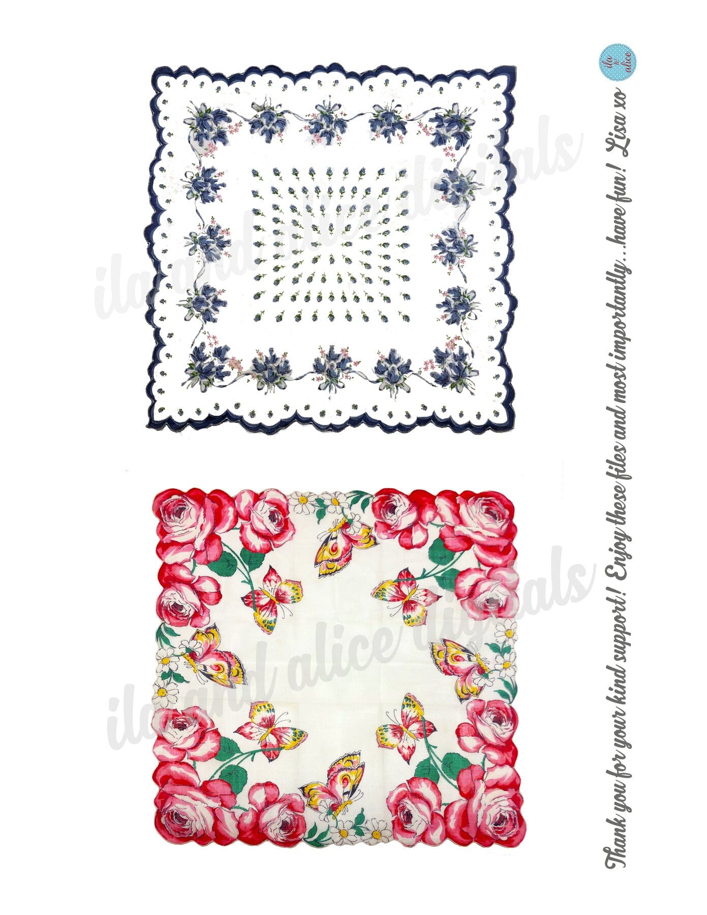 Pretty Floral Digital Hankies-Set of 6 Printable Vintage Hankies Journal ila & alice