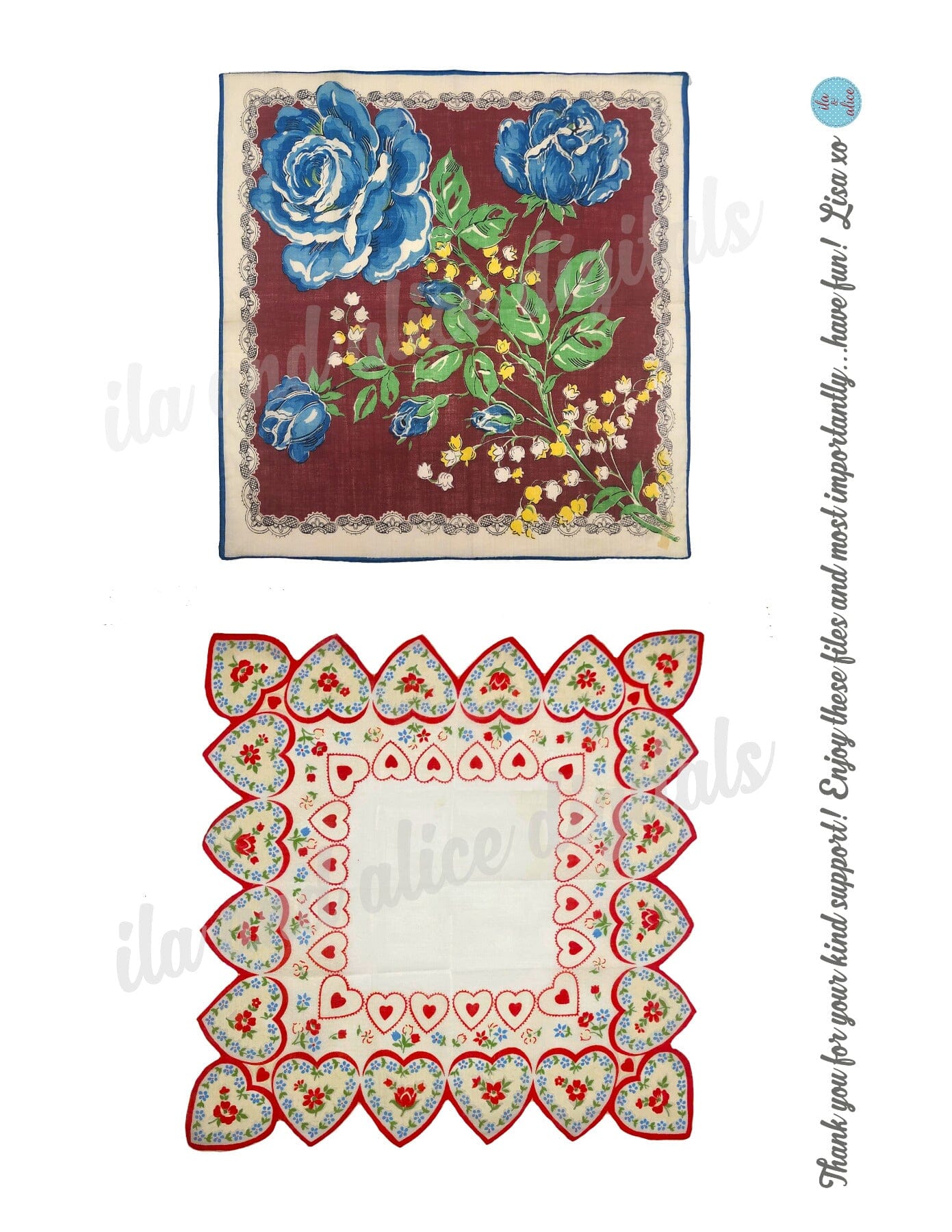 Pretty Floral Digital Hankies-Set of 6 Printable Vintage Hankies Journal ila & alice