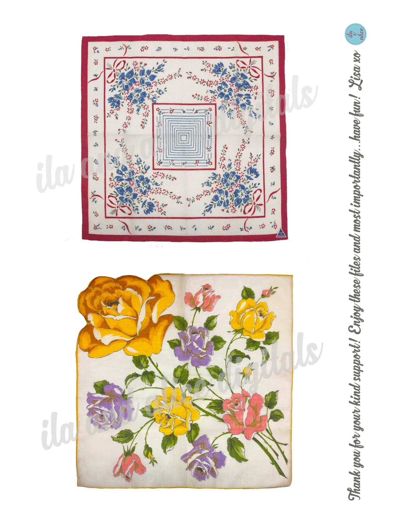 Pretty Floral Digital Hankies-Set of 6 Printable Vintage Hankies Journal ila & alice