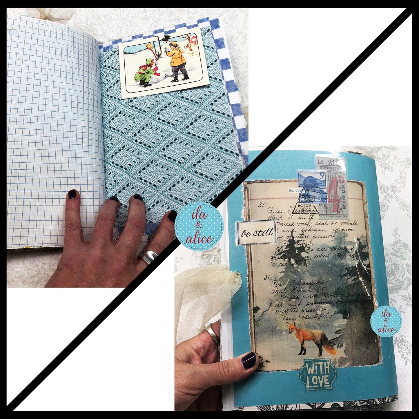 Pretty Blue Winter Junk Journal with Owl & Hare Collage Cover Journal ila & alice