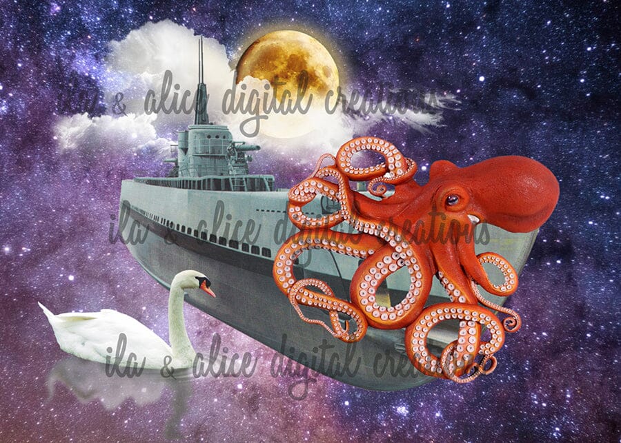 Moon Bathing Tiger in Space-Collage Art Postcards Post Cards ila & alice