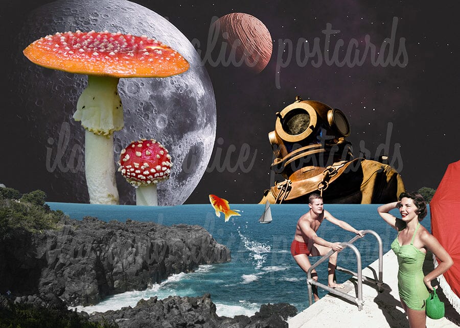 Red & White Sci-Fi Mushroom Collage Art Postcards Post Cards ila & alice 