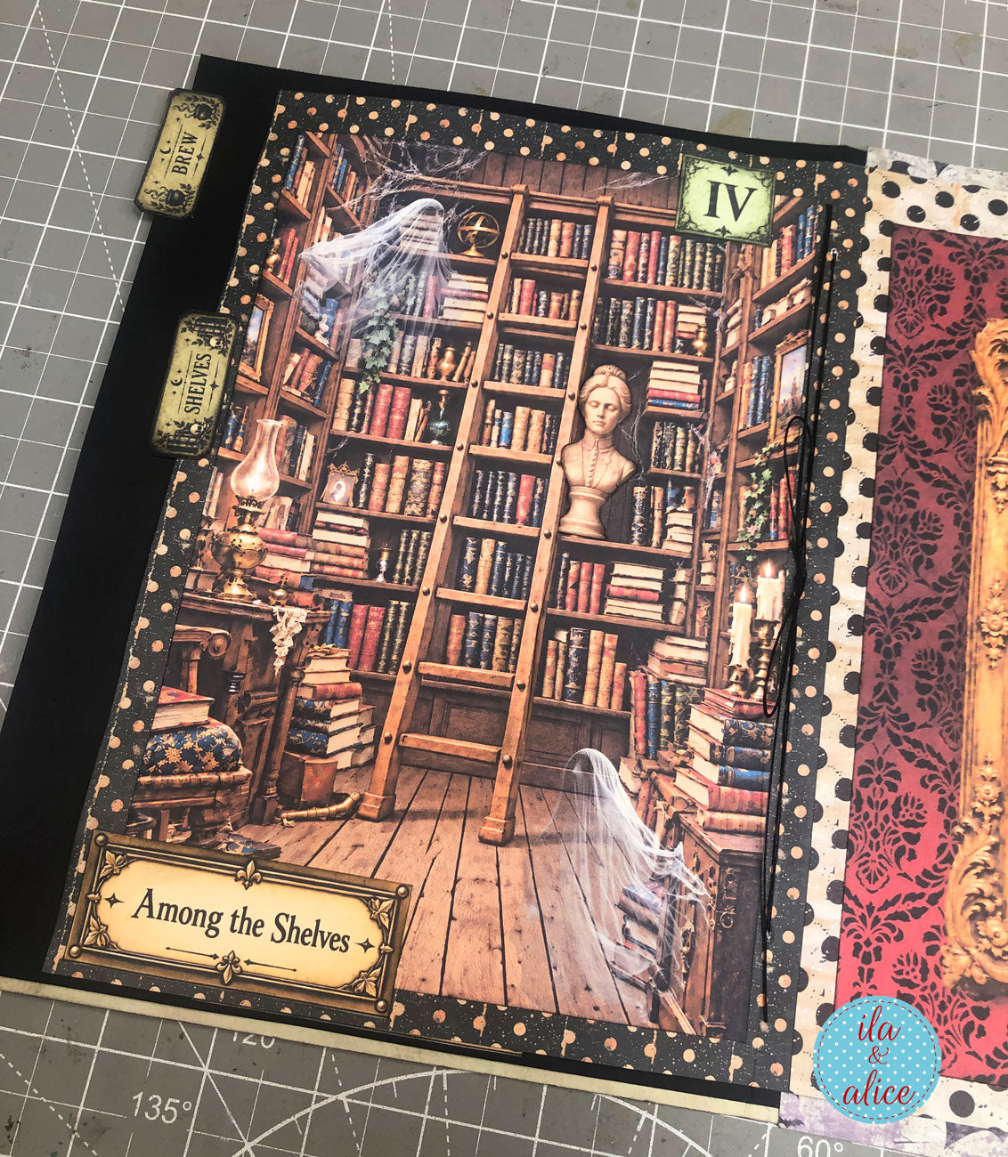 Interactive Halloween journal page showing an old library with tall bookshelves, rolling ladder, ghostly figures, and an “Among the Shelves” label.