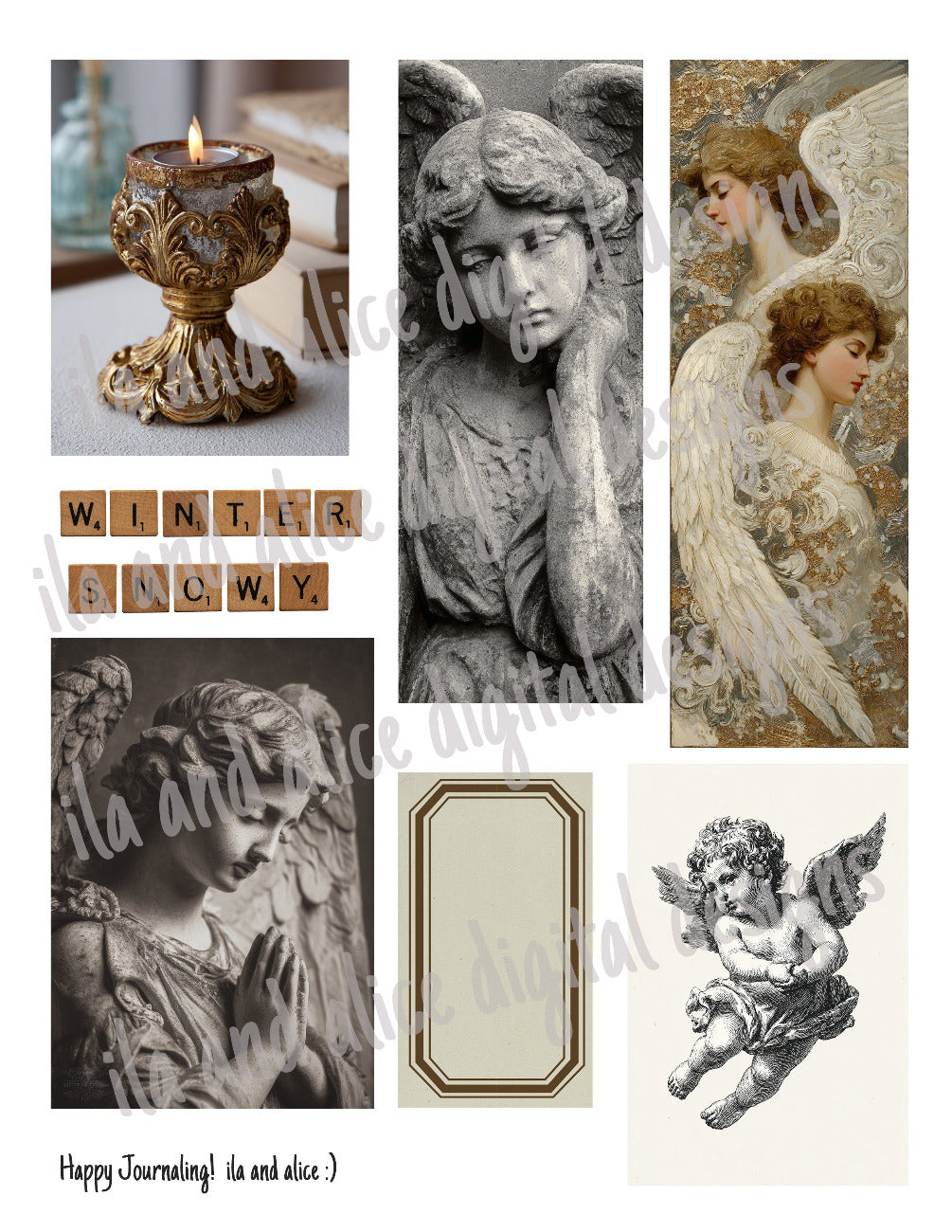 Collage of angel-themed images with decorative elements and text.