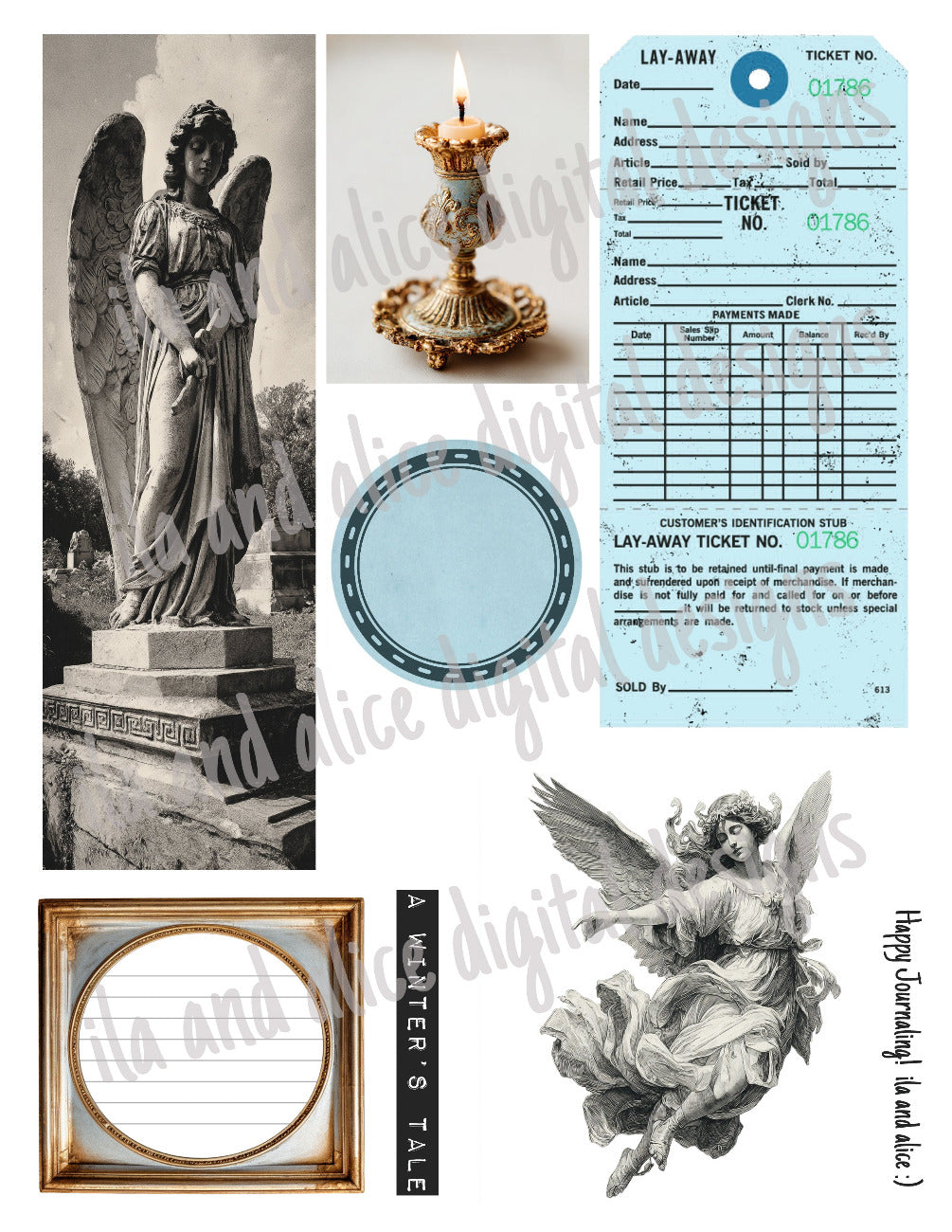 Collage of vintage-style images including an angel statue, candlestick, and ticket with 'Happy Anniversary' text.