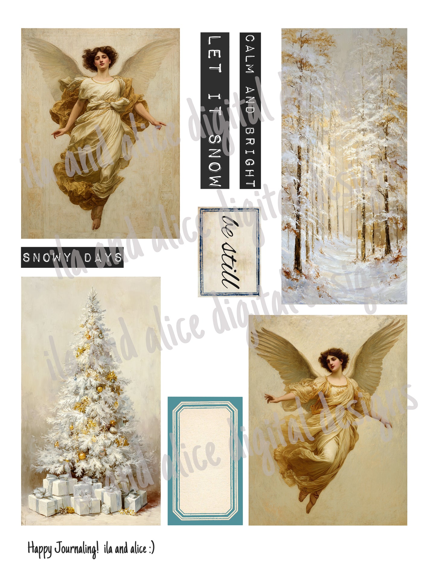 Collage of angel illustrations, snowy scenes, and Christmas tree with gift boxes.