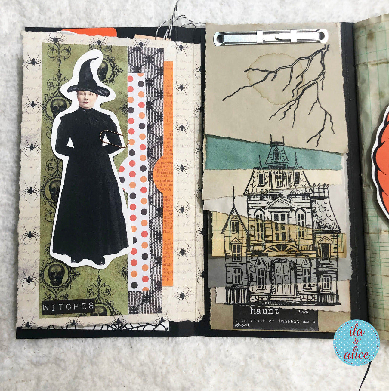 Artistic Halloween-themed collage with a witch and haunted house illustration.