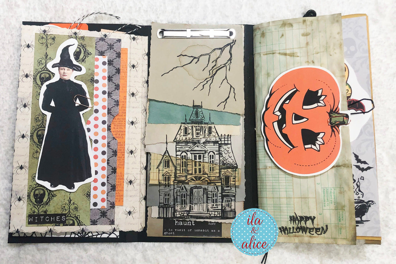 Halloween-themed folio page with a pumpkin, haunted house, and witch silhouette.