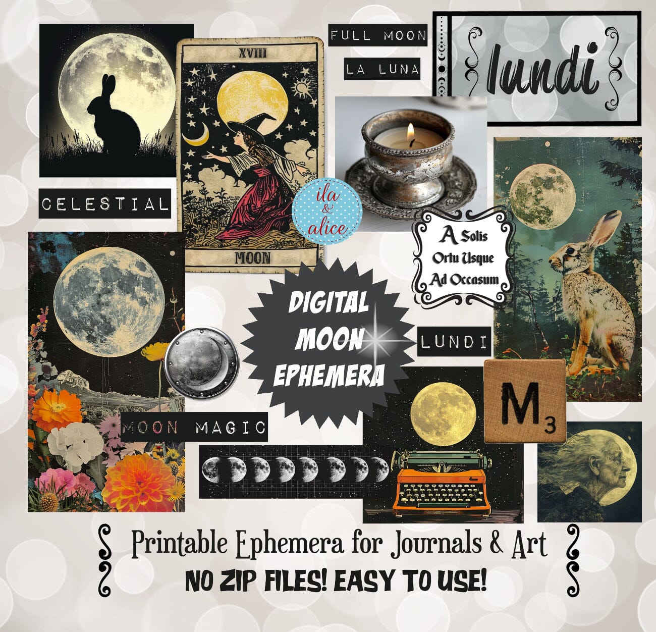 Digital Moon Art Junk Journal Ephemera Journal ila & alice 