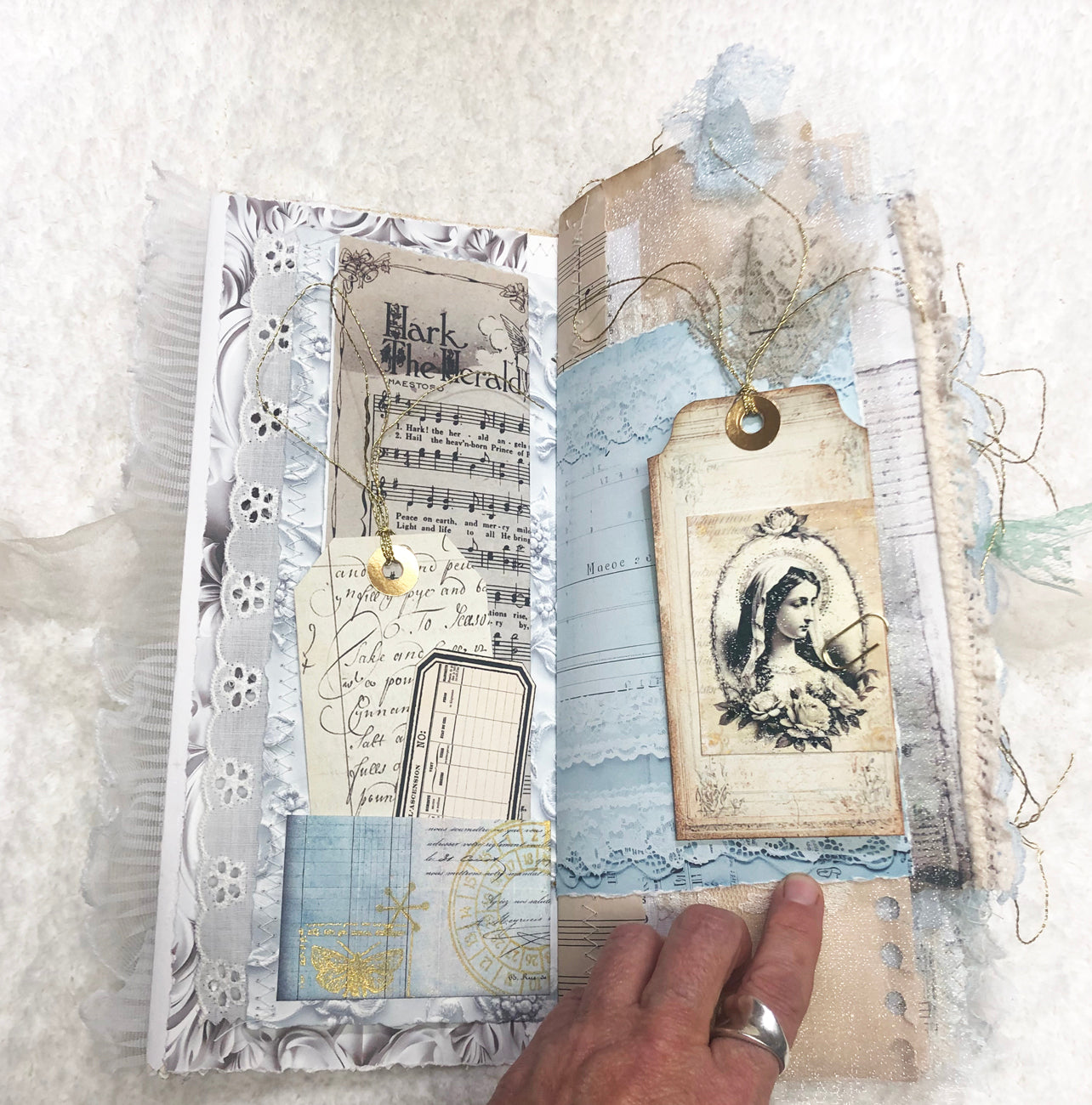 Gold and Cream Brocade Winter Junk Journal with Lace and Angels