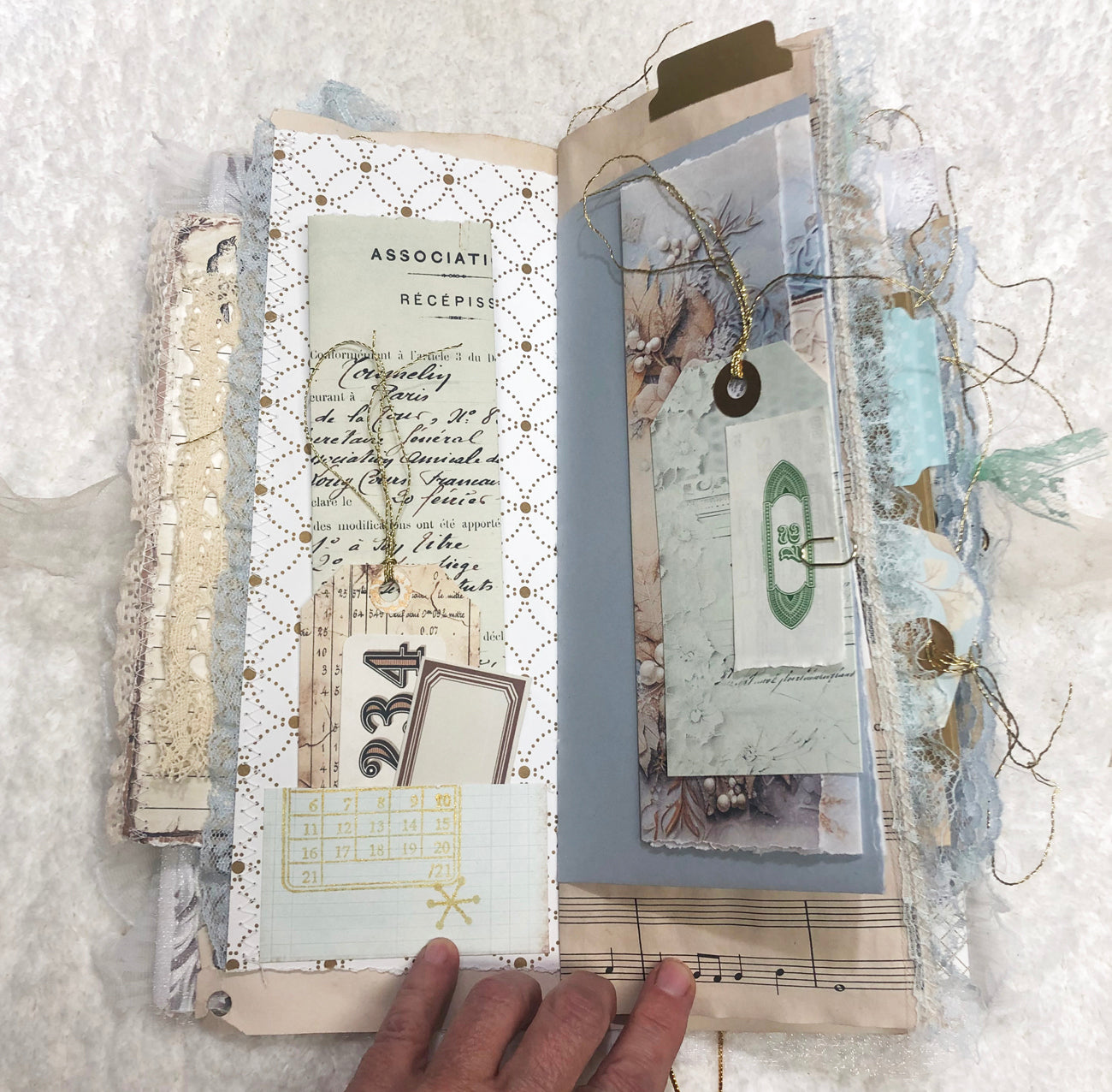 Gold and Cream Brocade Winter Junk Journal with Lace and Angels