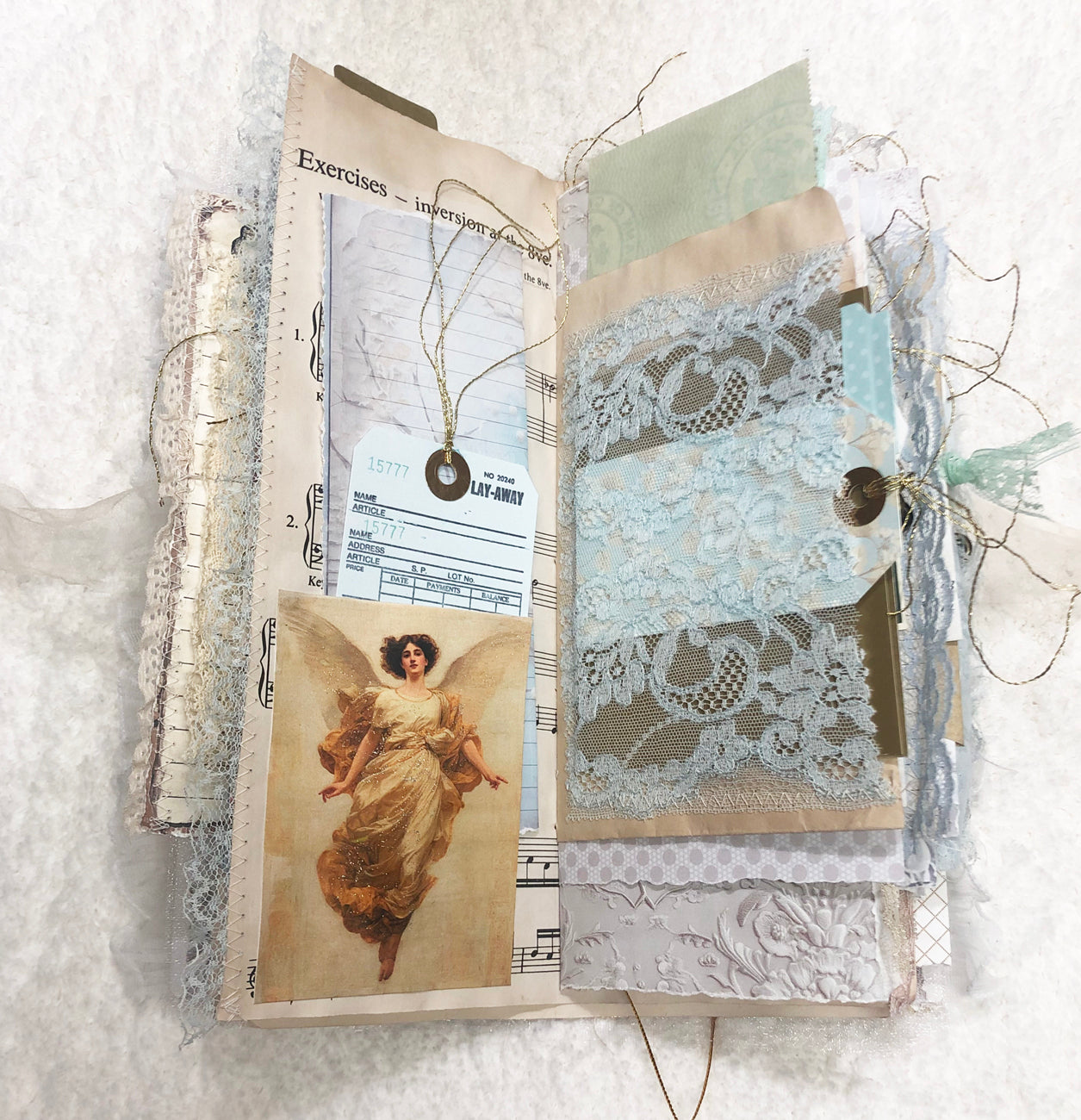 Gold and Cream Brocade Winter Junk Journal with Lace and Angels