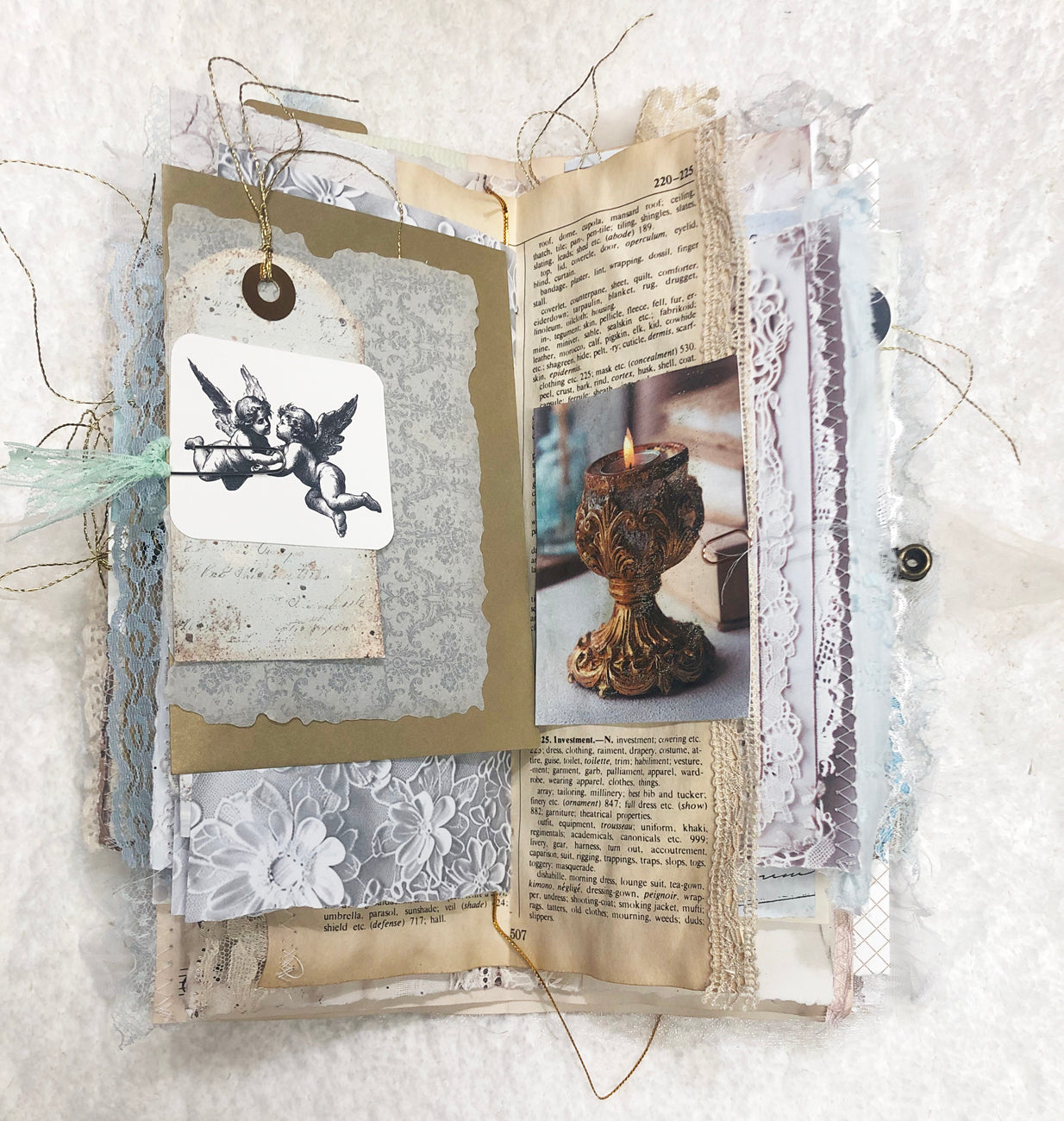 Gold and Cream Brocade Winter Junk Journal with Lace and Angels
