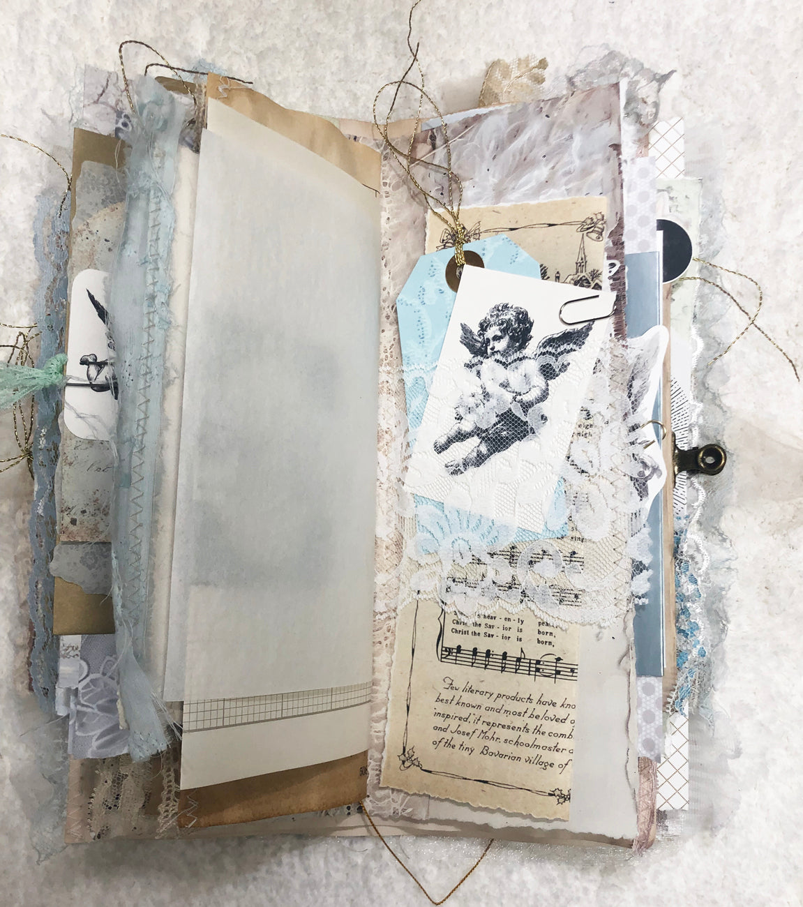 Gold and Cream Brocade Winter Junk Journal with Lace and Angels