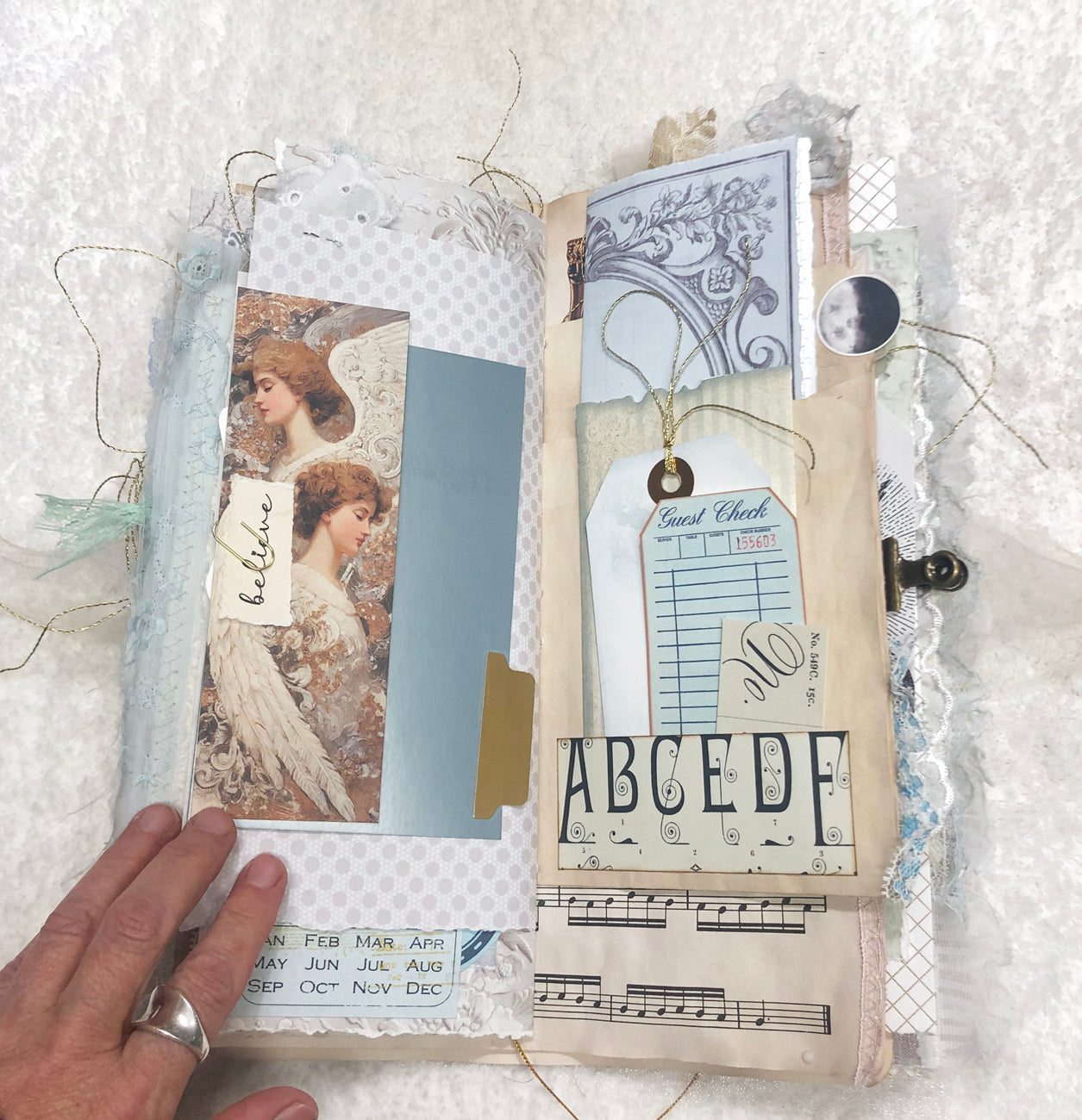 Gold and Cream Brocade Winter Junk Journal with Lace and Angels