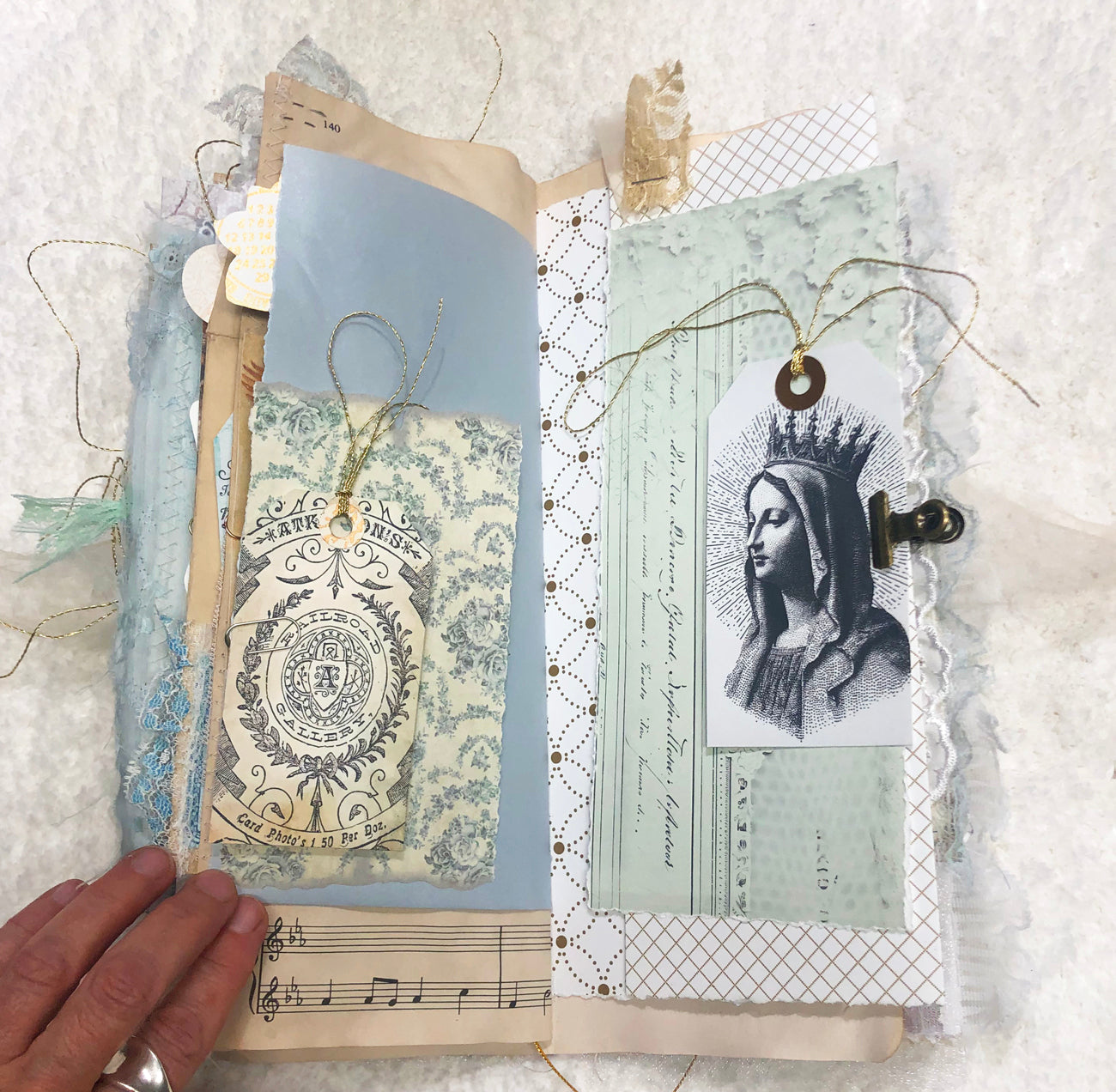 Gold and Cream Brocade Winter Junk Journal with Lace and Angels
