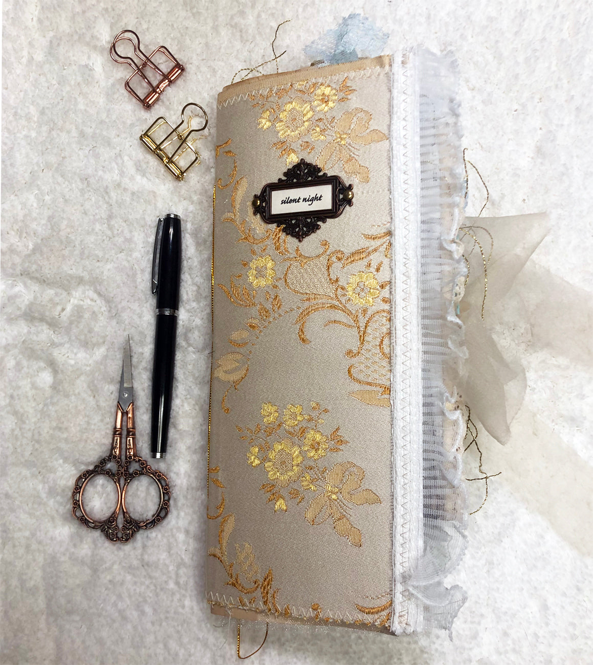 Gold and Cream Brocade Winter Junk Journal with Lace and Angels