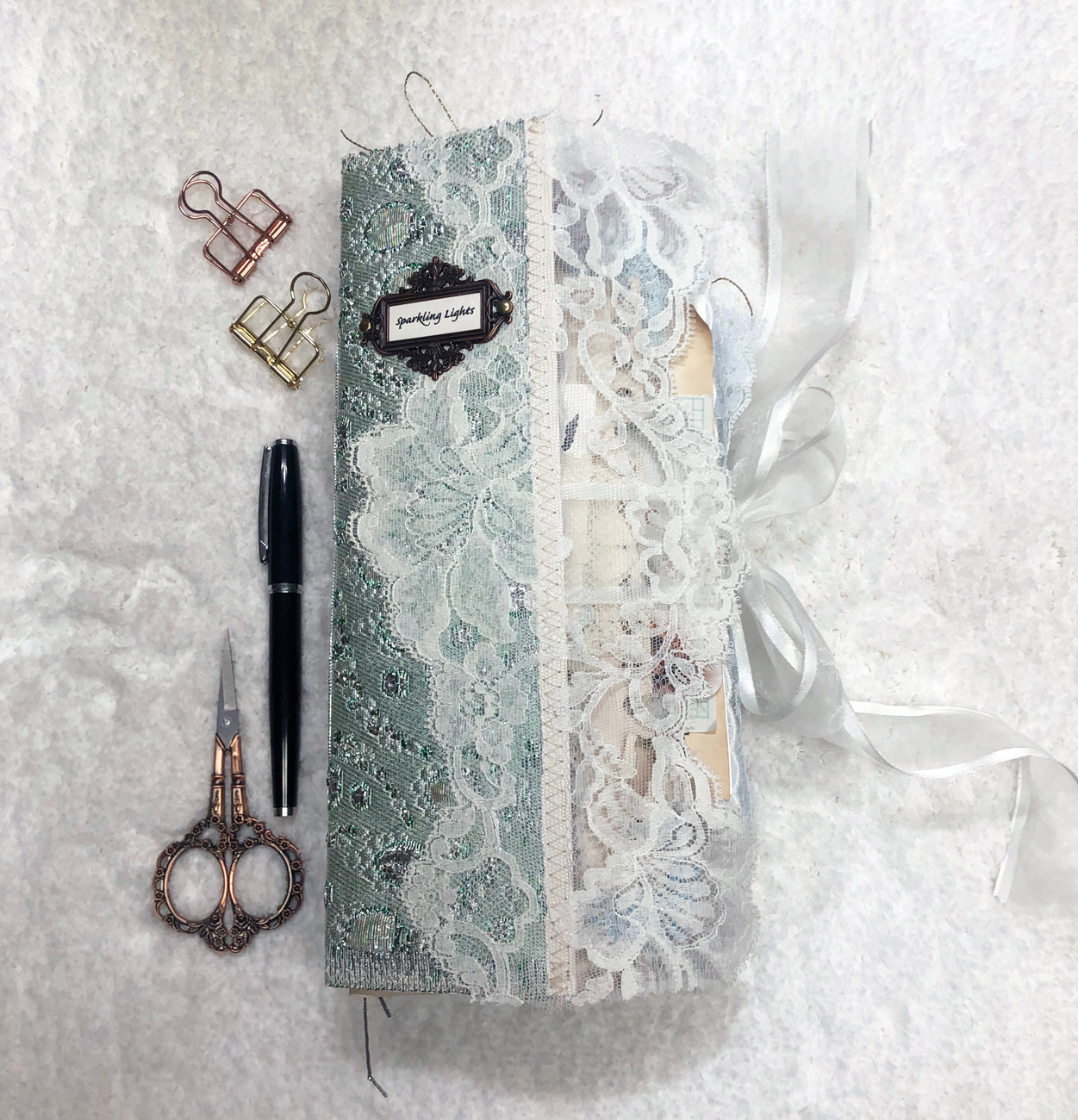 Glittery Green and Lace Winter Junk Journal with Angels