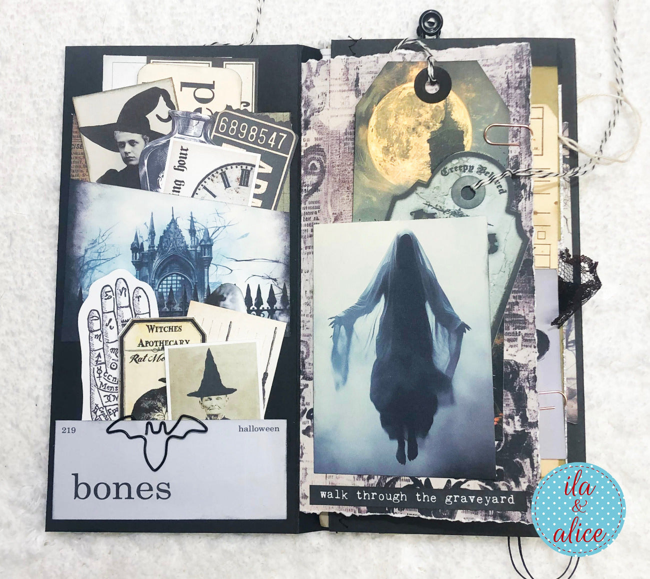 Halloween folio with Halloween-themed pages featuring ghost, graveyard, and witch images.