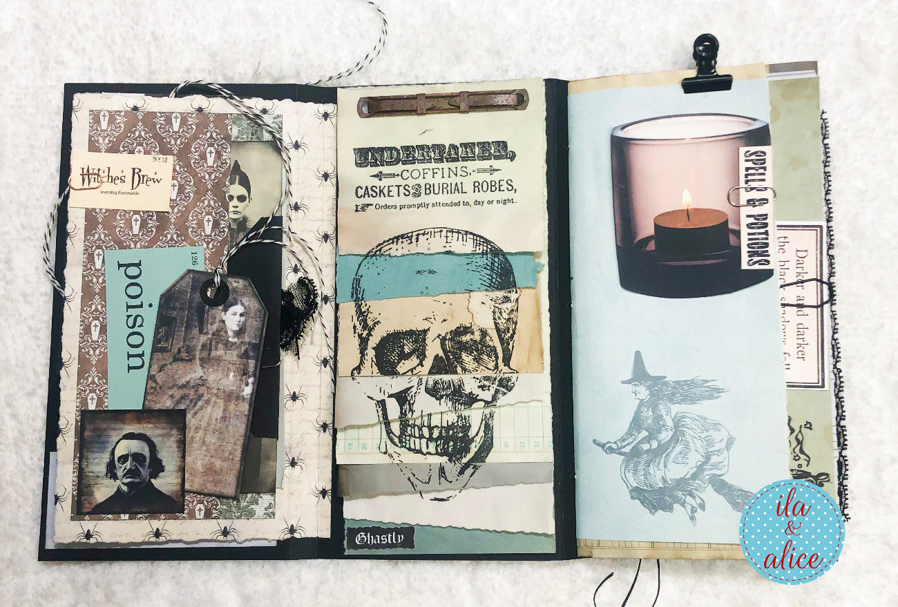 Gothic-themed folio with illustrations of a skeleton, candle, and other elements on a white background.