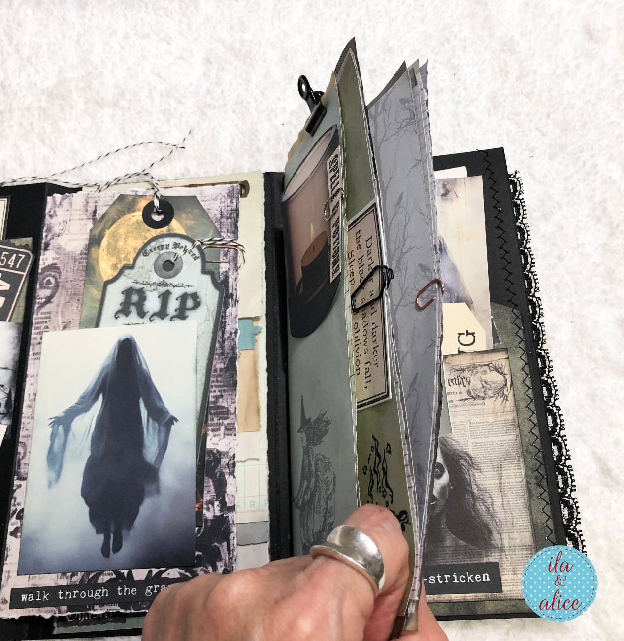 Artistic collage with text and images on a textured surface