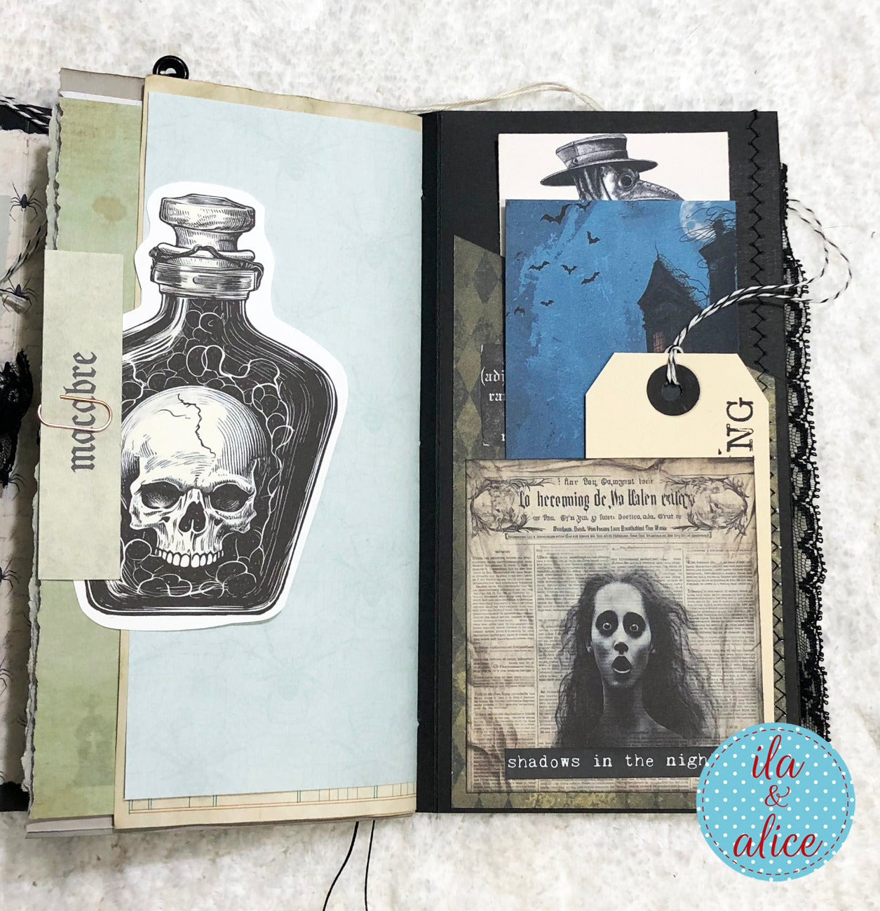 Halloween folio with Gothic design elements including a skull and bottle illustration, and a tag with text.