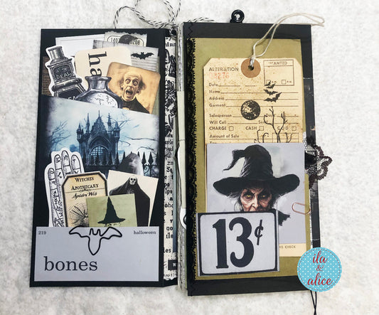 Halloween folio Halloween-themed pages featuring images of a witch, castle, and potion bottle.