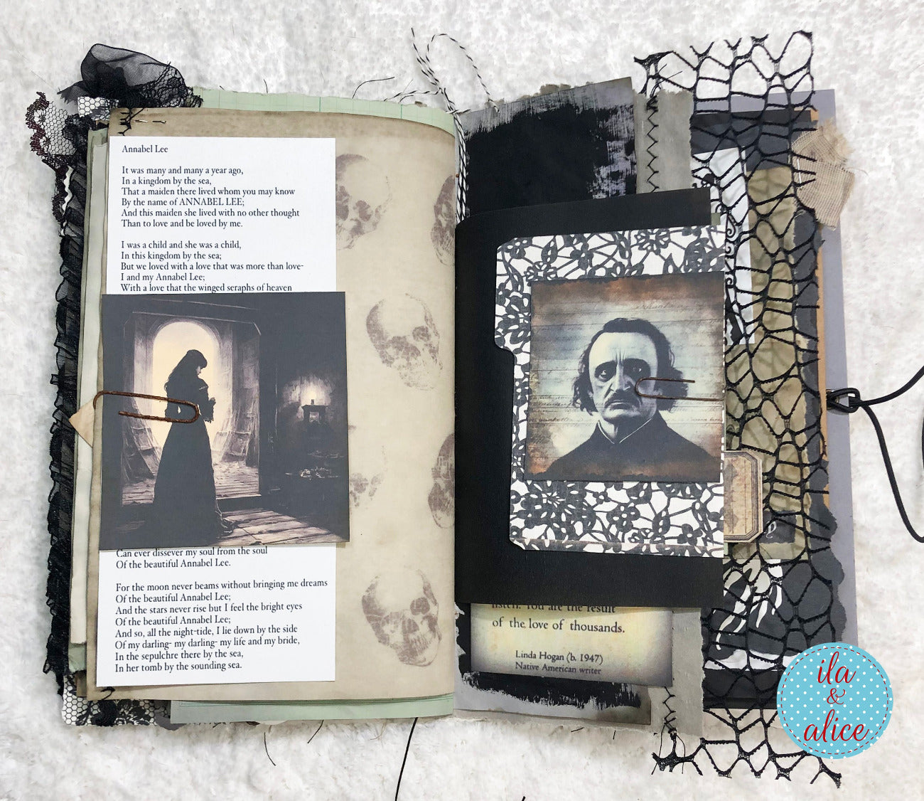 An open handmade mixed-media journal or scrapbook album laid flat on a white textured surface. The pages feature collage elements including black lace, distressed paper, a portrait print, a poem page, and vintage-style paper inserts.