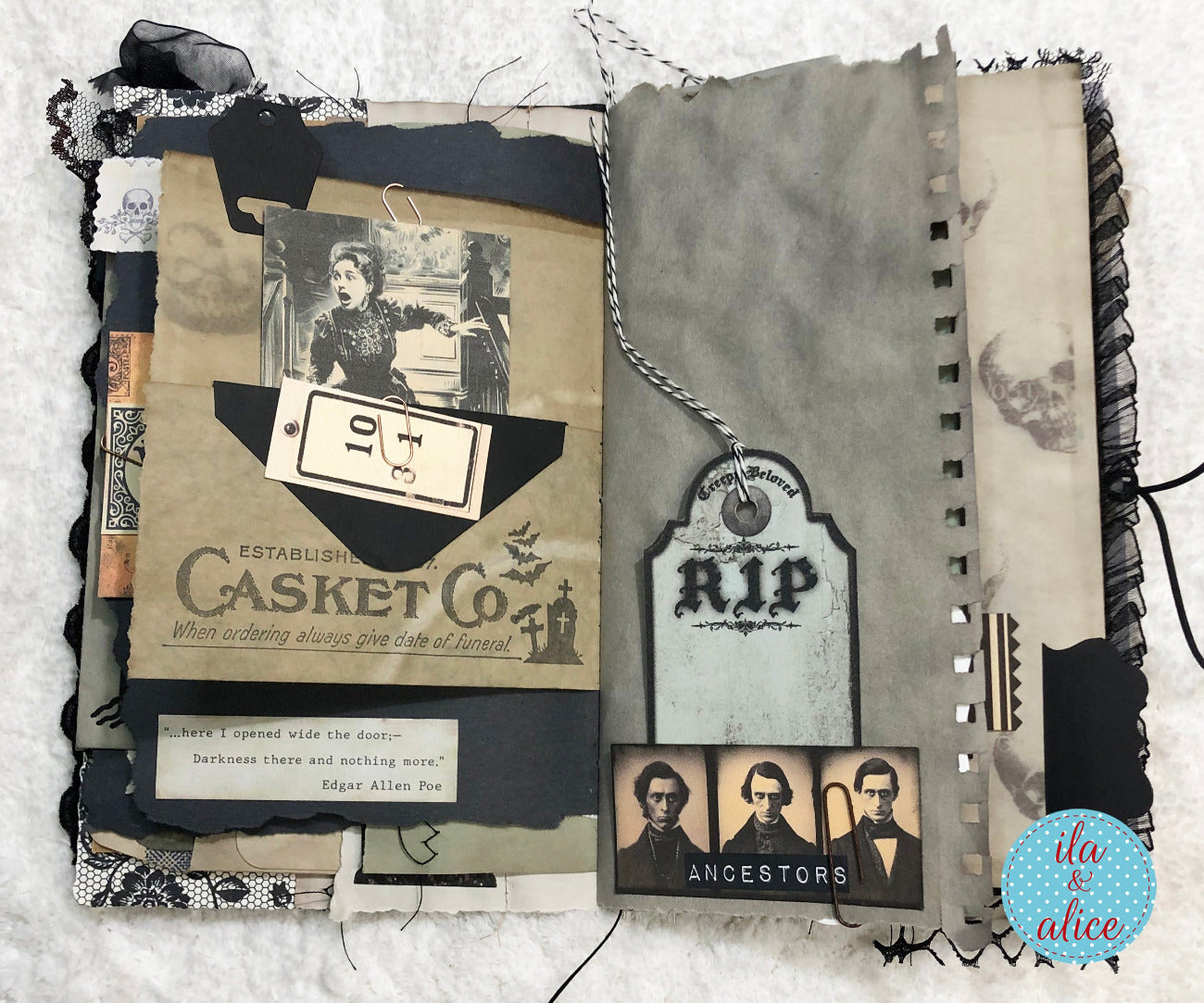 A vintage-style scrapbook or journaling kit featuring distressed paper, black ribbon trim, collage elements, a hanging tag reading 'R.I.
