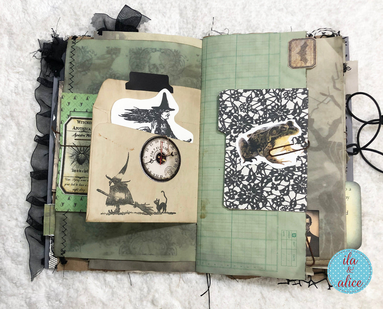 An open handmade scrapbook or journal with layered vintage-style pages, black ruffled trim, a small pocket flap with a frog cutout, a compass element, spiderweb pattern, and aged paper details, photographed on a white textured fabric background.