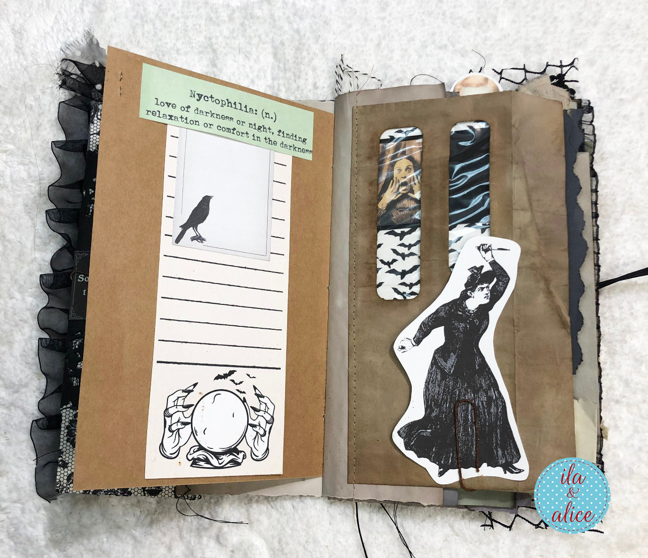 Handmade Halloween junk journal with crystal ball and scary lady