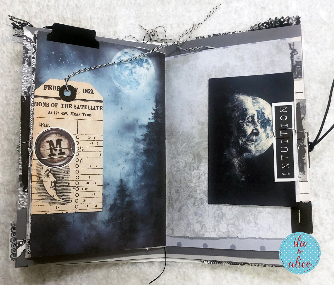 Handmade junk journal with full moon and hare,with crone collage-style pages featuring celestial elements 