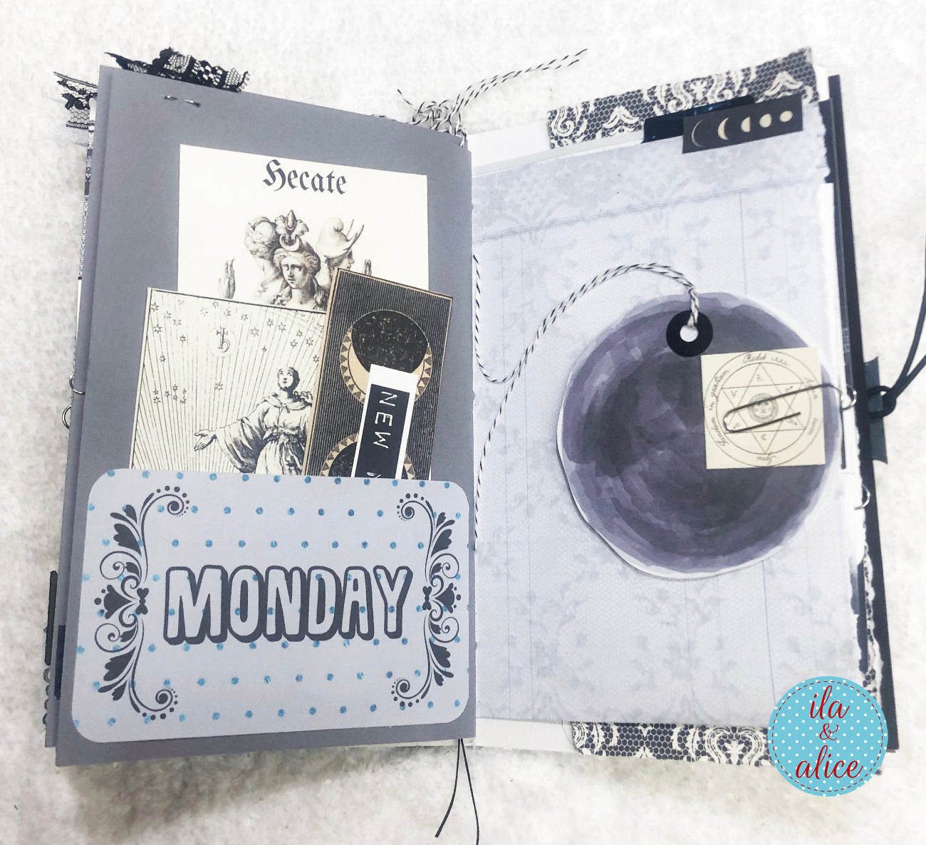 Handmade junk journal with full moon and hare